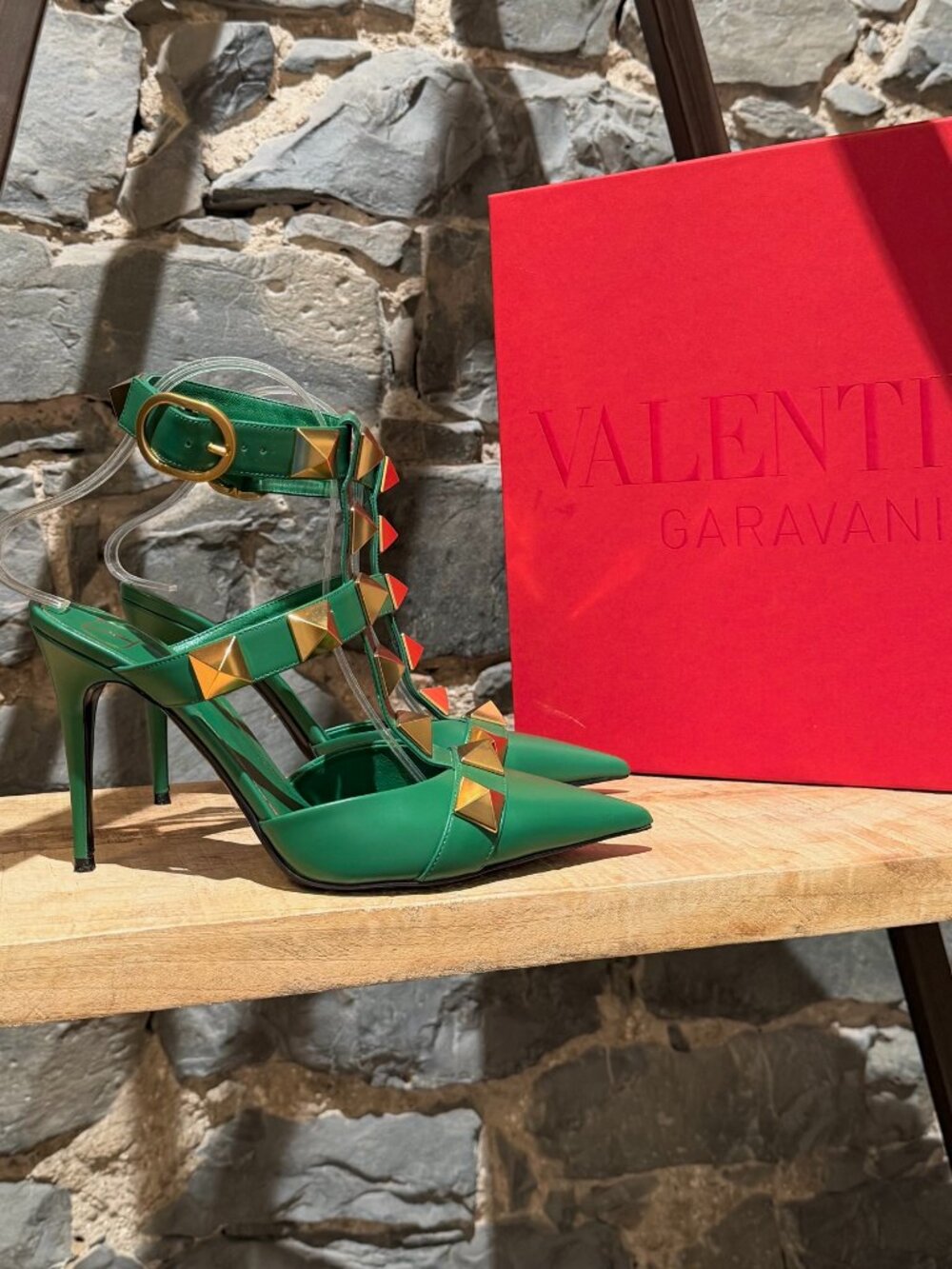 Valentino Green Leather Roman Stud Caged Pumps